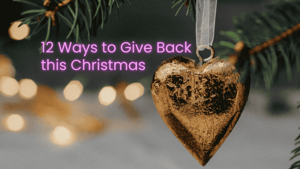 gold heart hanging from Christmas tree branch with '12 ways to give back this Christmas' in pink lettering, in Hospice Aid UK brand colours