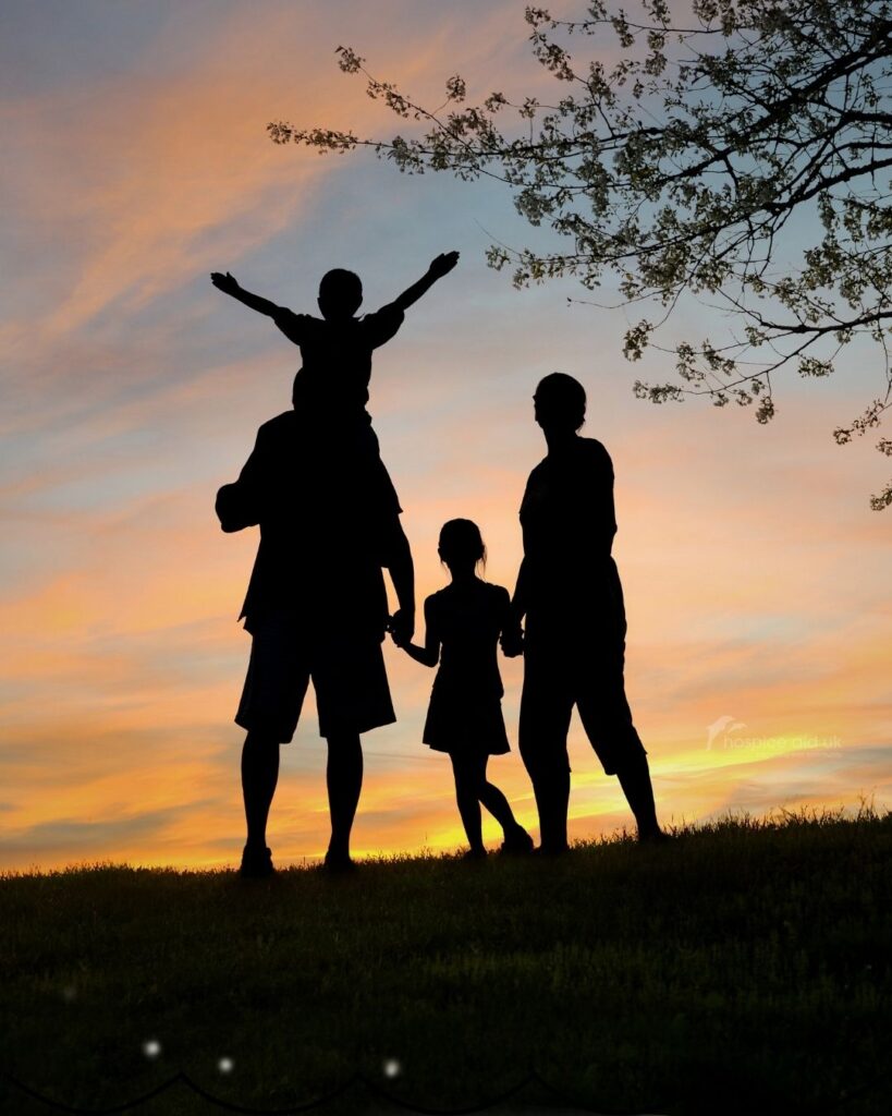 silhouette of a family in the countryside with a sunset behind them