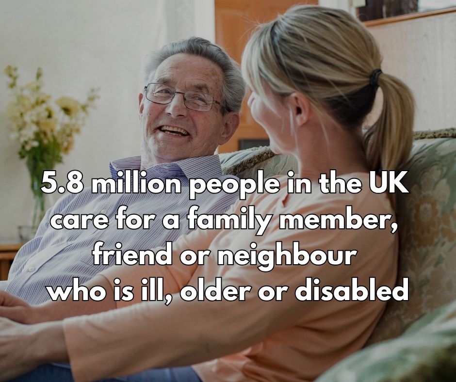 Female carer and her elderly father sitting on a sofa together chatting. Text reads '5.8 million people in the UK care for a family member, friend or neighbour who is ill, older or disabled