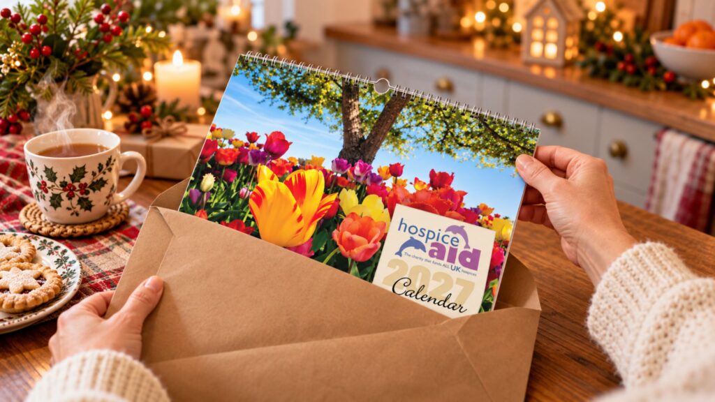 Christmas charity calendar for 2027 by Hospice Aid UK being removed from an envelope. The scene is a cosy kitchen.