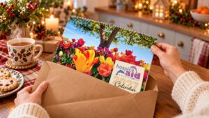 Christmas charity calendar for 2027 by Hospice Aid UK being removed from an envelope. The scene is a cosy kitchen.